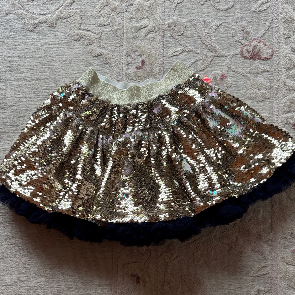 Billieblush Gold Sequin Skirt with Navy Tulle Ruffle